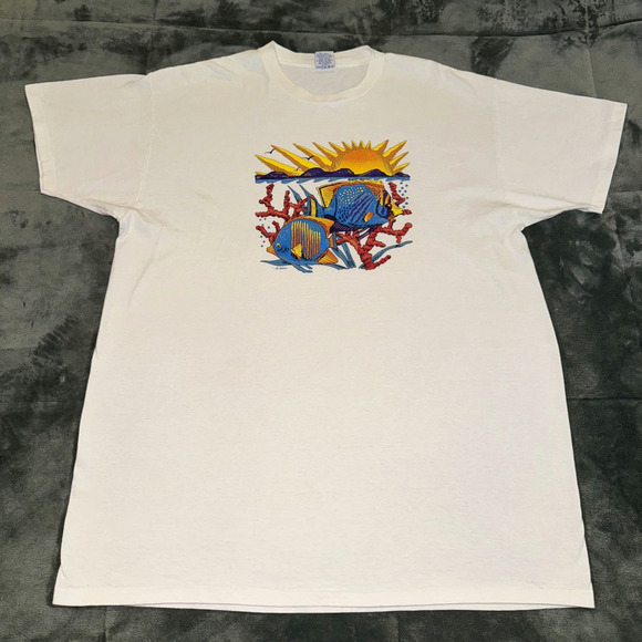 Delta Ladies T-Shirt Women One Size White Fish Coral Print Short Sleeve Pullover - Picture 2 of 7